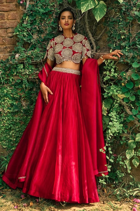 Bhumika Sharma Red Organza Embroidered Flower Closed Round Lehenga Blouse Set 