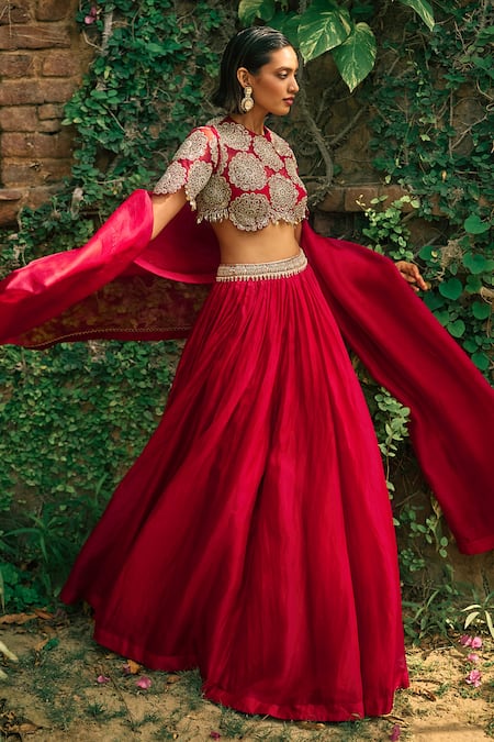 Buy Bhumika Sharma Red Organza, Net Embroidery Round Neck Lehenga Blouse Set Online at Aza Fashions Buy_Bhumika Sharma_Red Organza, Net Embroidery Round Neck Lehenga Blouse Set _Online_at_Aza_Fashions
