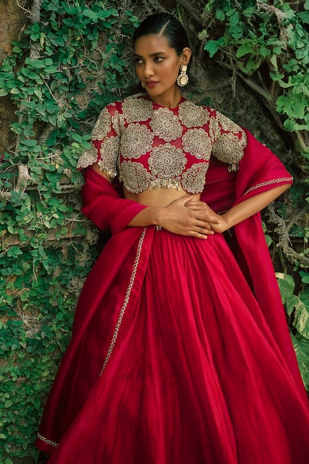 Shop Bhumika Sharma Red Organza, Net Embroidery Round Neck Lehenga Blouse Set Online at Aza Fashions Shop_Bhumika Sharma_Red Organza, Net Embroidery Round Neck Lehenga Blouse Set _Online_at_Aza_Fashions