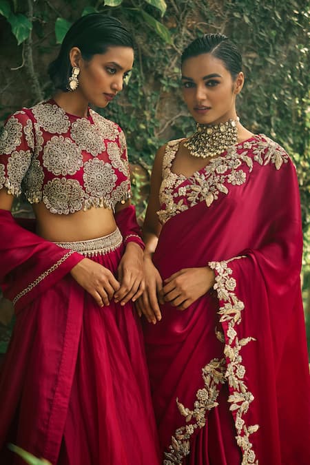 Bhumika Sharma Red Organza, Net Embroidery Round Neck Lehenga Blouse Set at Aza Fashions Bhumika Sharma_Red Organza, Net Embroidery Round Neck Lehenga Blouse Set _at_Aza_Fashions