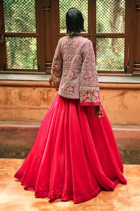 Shop Bhumika Sharma Pink Organza, Net Embroidery V-, Round Farasha Lehenga Set With Jacket at Aza Fashions Shop_Bhumika Sharma_Pink Organza, Net Embroidery V-, Round Farasha Lehenga Set With Jacket _at_Aza_Fashions