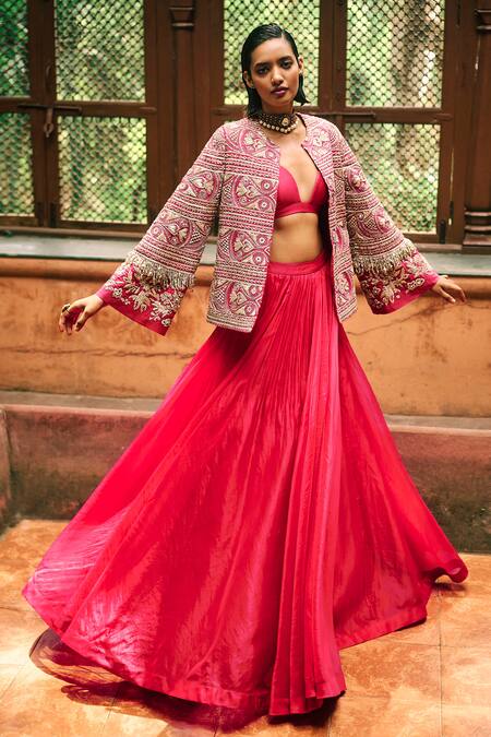 Buy Bhumika Sharma Pink Organza, Net Embroidery V-, Round Farasha Lehenga Set With Jacket Online at Aza Fashions Buy_Bhumika Sharma_Pink Organza, Net Embroidery V-, Round Farasha Lehenga Set With Jacket _Online_at_Aza_Fashions