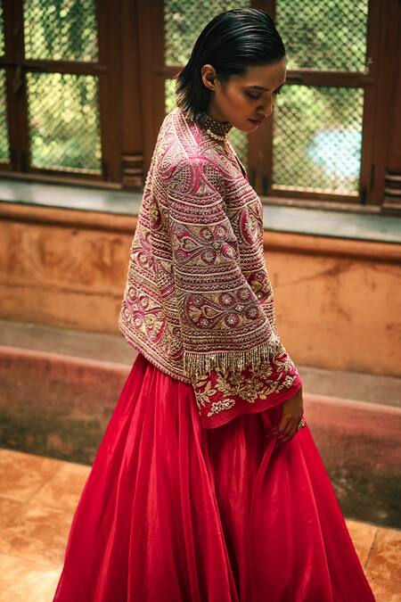 Shop Bhumika Sharma Pink Organza, Net Embroidery V-, Round Farasha Lehenga Set With Jacket Online at Aza Fashions Shop_Bhumika Sharma_Pink Organza, Net Embroidery V-, Round Farasha Lehenga Set With Jacket _Online_at_Aza_Fashions