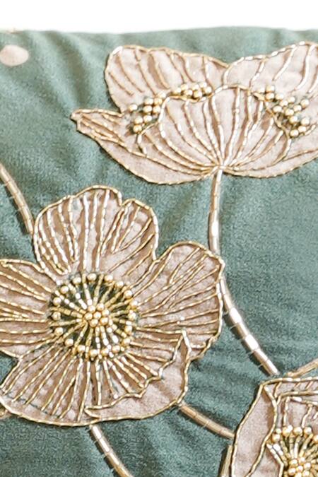 Buy_Mid July Home_Green Velvet Cutdana, Floral, Gilded Garden Embroidered Cushion Cover 2 Pcs Set_Online_at_Aza_Fashions