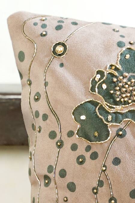 Mid July Home_Green Velvet Cutdana, Floral, Gilded Garden Embroidered Cushion Cover 2 Pcs Set_Online_at_Aza_Fashions