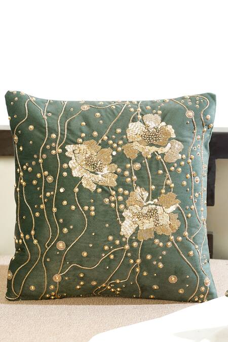 Shop_Mid July Home_Green Velvet Cutdana, Floral, Gilded Garden Embroidered Cushion Cover 2 Pcs Set_Online_at_Aza_Fashions