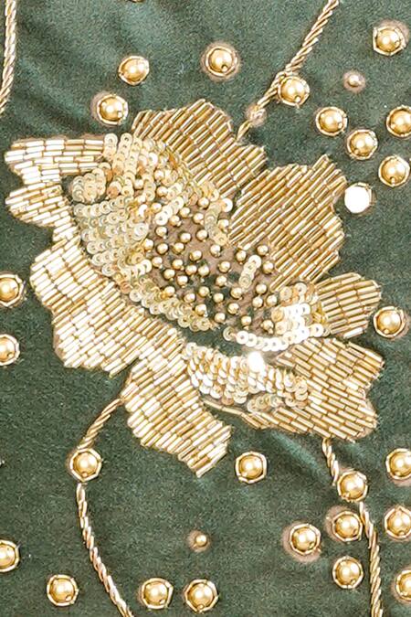 Mid July Home_Green Velvet Cutdana, Floral, Gilded Garden Embroidered Cushion Cover 2 Pcs Set_at_Aza_Fashions