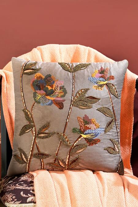 Mid July Home_Beige Velvet Thread, Bead, Vibrant Rose Embroidered Cushion Cover 2 Pcs Set_Online_at_Aza_Fashions