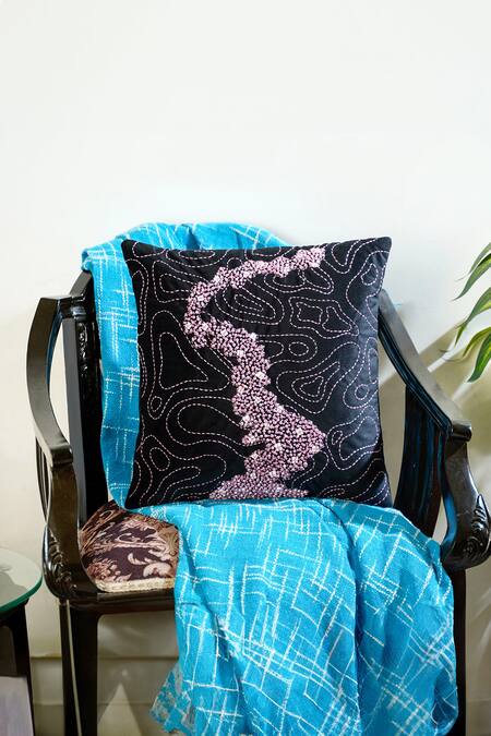 Mid July Home_Beige Velvet Thread, Moti The Memory Maze Embellished Cushion Cover 2 Pcs Set_Online_at_Aza_Fashions