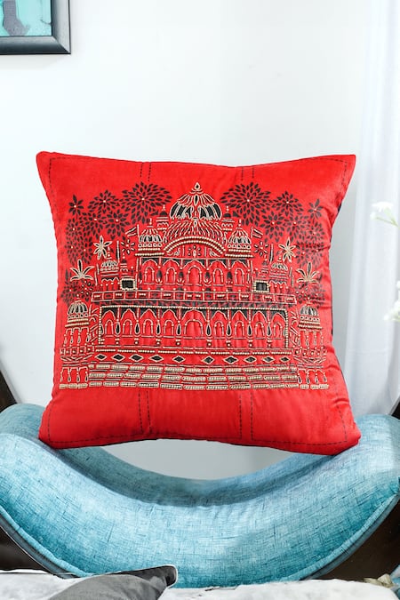 Buy_Mid July Home_Black Velvet Bead, Zardozi Elephant Embroidered Cushion Cover 2 Pcs Set_Online_at_Aza_Fashions