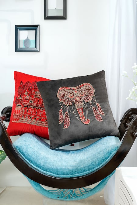 Mid July Home Black Velvet Zardozi Elephant Face Embroidered Cushion Cover 2 Pcs Set 