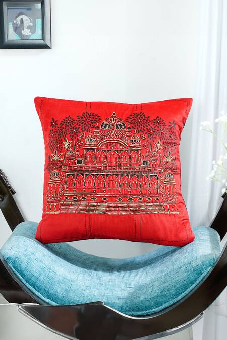 Buy_Mid July Home_Black Velvet Bead, Zardozi Elephant Face Embroidered Cushion Cover 2 Pcs Set_Online_at_Aza_Fashions