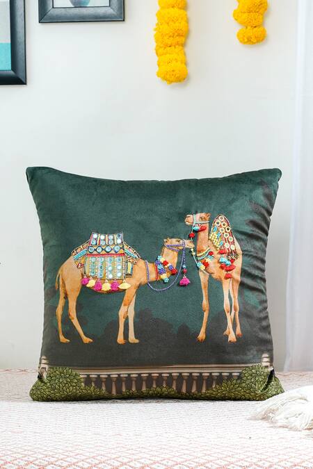 Buy_Mid July Home_Green Velvet French Knots, Mirror, Royal Opulence Print Cushion Cover 2 Pcs Set_Online_at_Aza_Fashions