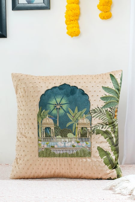 Shop Mid July Home Green Velvet French Knots, Royal Opulence Mughal Print Cushion Cover 2 Pcs Set at Aza Fashions Shop_Mid July Home_Green Velvet French Knots, Royal Opulence Mughal Print Cushion Cover 2 Pcs Set_at_Aza_Fashions