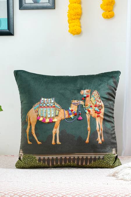 Mid July Home Green Velvet French Knots, Royal Opulence Mughal Print Cushion Cover 2 Pcs Set Online at Aza Fashions Mid July Home_Green Velvet French Knots, Royal Opulence Mughal Print Cushion Cover 2 Pcs Set_Online_at_Aza_Fashions