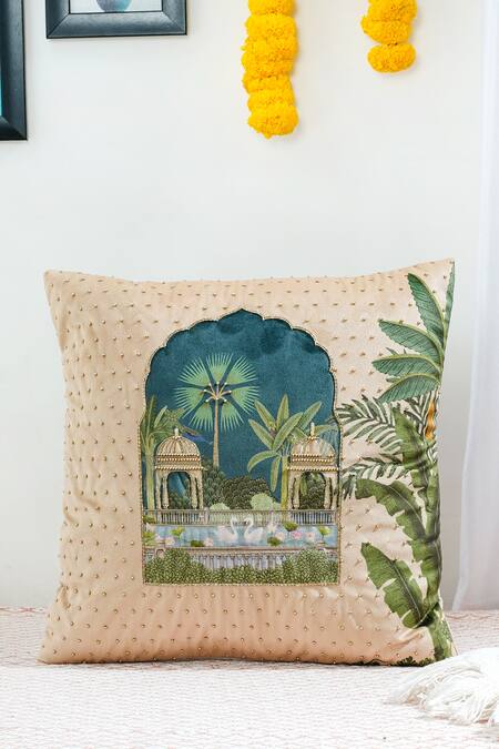 Mid July Home_Beige Velvet Cutdana, Royal Opulence Jharokha Print Cushion Cover 2 Pcs Set_Online_at_Aza_Fashions