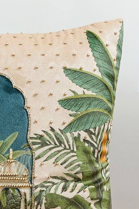 Buy_Mid July Home_Beige Velvet Cutdana, Royal Opulence Jharokha Print Cushion Cover 2 Pcs Set_Online_at_Aza_Fashions
