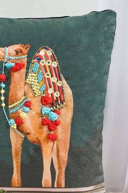 Shop_Mid July Home_Beige Velvet Cutdana, Royal Opulence Jharokha Print Cushion Cover 2 Pcs Set_Online_at_Aza_Fashions