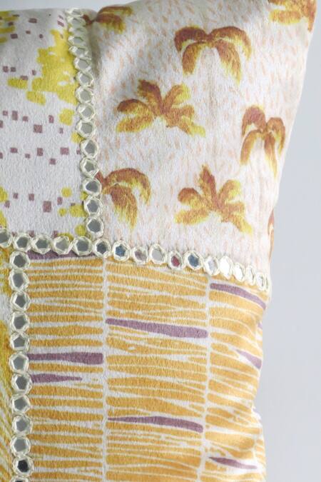 Shop_Mid July Home_Yellow Velvet Abstract, Mirror, Thread Tropical Print Cushion Cover 2 Pcs Set_Online_at_Aza_Fashions