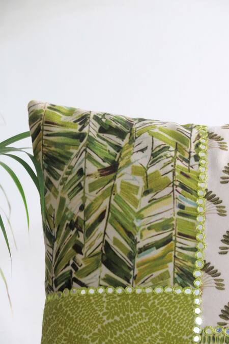Mid July Home_Green Velvet Mirror, Thread, Mughal Tropical Print Cushion Cover 2 Pcs Set_Online_at_Aza_Fashions