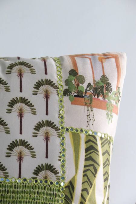 Buy_Mid July Home_Green Velvet Mirror, Thread, Mughal Tropical Print Cushion Cover 2 Pcs Set_Online_at_Aza_Fashions