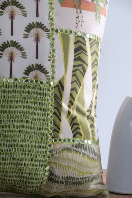 Shop_Mid July Home_Green Velvet Mirror, Thread, Mughal Tropical Print Cushion Cover 2 Pcs Set_Online_at_Aza_Fashions