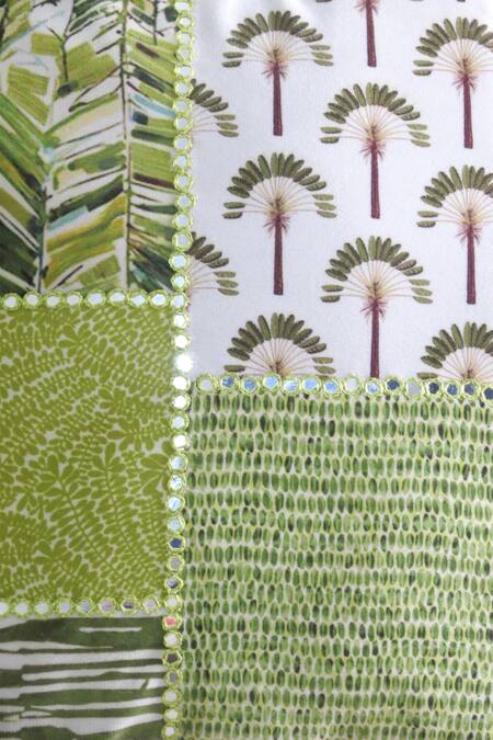 Mid July Home_Green Velvet Mirror, Thread, Mughal Tropical Print Cushion Cover 2 Pcs Set_at_Aza_Fashions