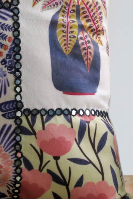 Shop Mid July Home Blue Velvet Mirror, Thread, Geometric Floral Print Cushion Cover 2 Pcs Set Online at Aza Fashions Shop_Mid July Home_Blue Velvet Mirror, Thread, Geometric Floral Print Cushion Cover 2 Pcs Set_Online_at_Aza_Fashions