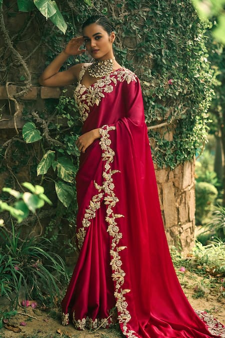 Bhumika Sharma Red Satin Silk Embroidered Flower V-neck Saree With Blouse 