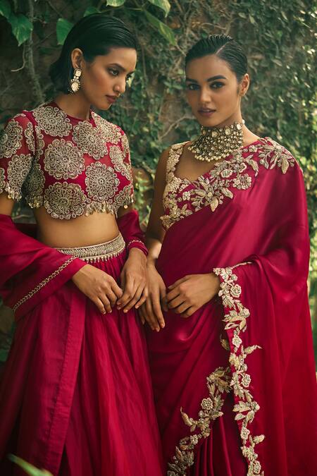Buy Bhumika Sharma Red Satin, Net, Silk Embroidery V-neck Flower Saree With Blouse Online at Aza Fashions Buy_Bhumika Sharma_Red Satin, Net, Silk Embroidery V-neck Flower Saree With Blouse _Online_at_Aza_Fashions