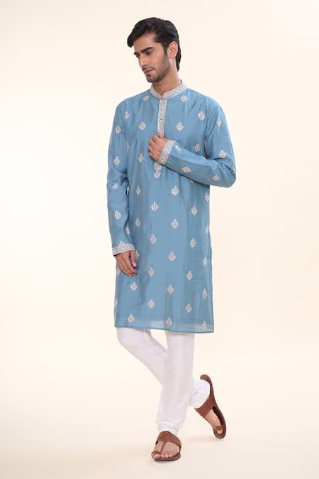 Arihant Rai Sinha_Blue Silk Mirrors, Sequins, Embroidery Floral Geometric Kurta _Online_at_Aza_Fashions