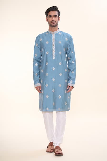 Buy_Arihant Rai Sinha_Blue Silk Mirrors, Sequins, Embroidery Floral Geometric Kurta _Online_at_Aza_Fashions