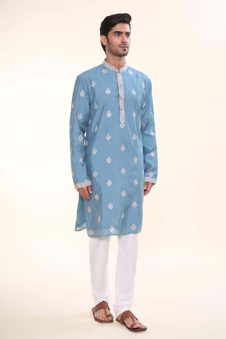 Shop_Arihant Rai Sinha_Blue Silk Mirrors, Sequins, Embroidery Floral Geometric Kurta _Online_at_Aza_Fashions