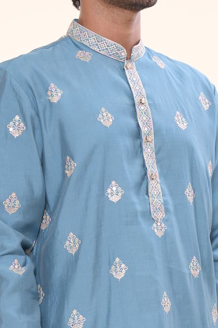 Arihant Rai Sinha_Blue Silk Mirrors, Sequins, Embroidery Floral Geometric Kurta _at_Aza_Fashions