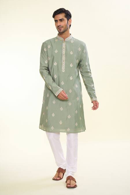 Arihant Rai Sinha Green Silk Mirrors, Sequins, Embroidery Geometric Butta Kurta Online at Aza Fashions Arihant Rai Sinha_Green Silk Mirrors, Sequins, Embroidery Geometric Butta Kurta _Online_at_Aza_Fashions