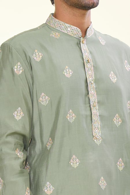 Shop Arihant Rai Sinha Green Silk Mirrors, Sequins, Embroidery Geometric Butta Kurta Online at Aza Fashions Shop_Arihant Rai Sinha_Green Silk Mirrors, Sequins, Embroidery Geometric Butta Kurta _Online_at_Aza_Fashions