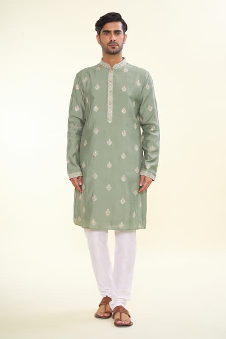 Arihant Rai Sinha Green Silk Mirrors, Sequins, Embroidery Geometric Butta Kurta at Aza Fashions Arihant Rai Sinha_Green Silk Mirrors, Sequins, Embroidery Geometric Butta Kurta _at_Aza_Fashions