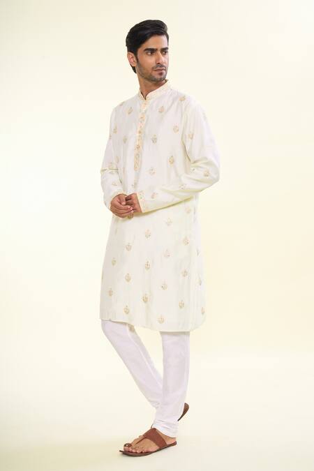 Arihant Rai Sinha Cream Silk Mirrors, Sequins, Embroidery Floral Thread Kurta Online at Aza Fashions Arihant Rai Sinha_Cream Silk Mirrors, Sequins, Embroidery Floral Thread Kurta _Online_at_Aza_Fashions