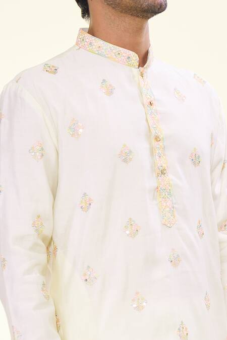 Shop Arihant Rai Sinha Cream Silk Mirrors, Sequins, Embroidery Floral Thread Kurta Online at Aza Fashions Shop_Arihant Rai Sinha_Cream Silk Mirrors, Sequins, Embroidery Floral Thread Kurta _Online_at_Aza_Fashions