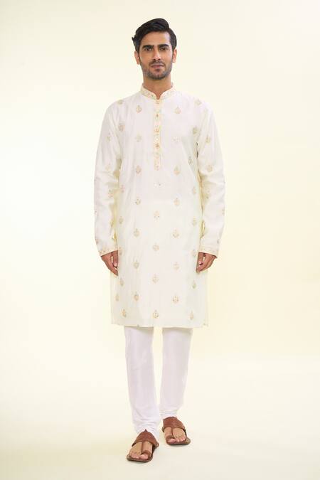 Arihant Rai Sinha Cream Silk Mirrors, Sequins, Embroidery Floral Thread Kurta at Aza Fashions Arihant Rai Sinha_Cream Silk Mirrors, Sequins, Embroidery Floral Thread Kurta _at_Aza_Fashions
