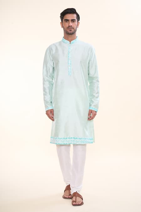 Arihant Rai Sinha_Green Silk Sequins, Embroidery Geometric Floral Kurta _Online_at_Aza_Fashions