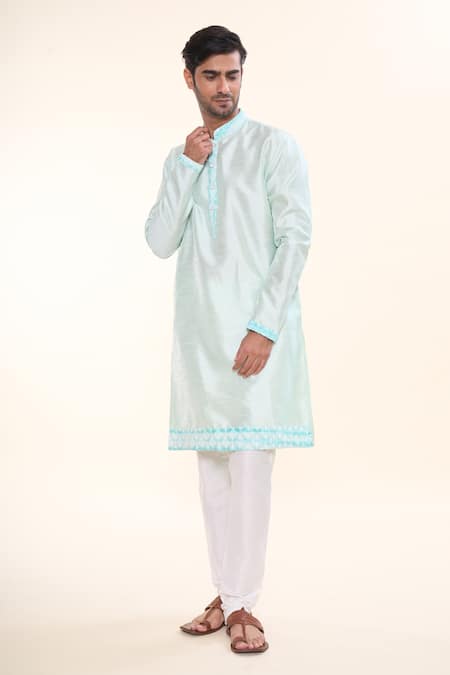 Shop_Arihant Rai Sinha_Green Silk Sequins, Embroidery Geometric Floral Kurta _Online_at_Aza_Fashions