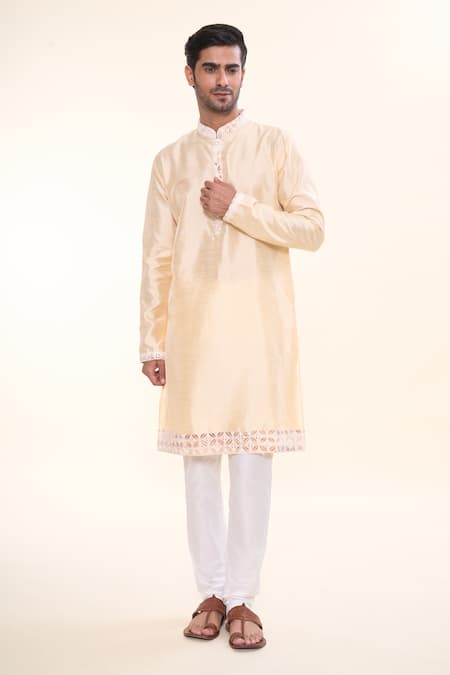 Arihant Rai Sinha Beige Silk Sequins, Embroidery Geometric Floral Border Kurta Online at Aza Fashions Arihant Rai Sinha_Beige Silk Sequins, Embroidery Geometric Floral Border Kurta _Online_at_Aza_Fashions