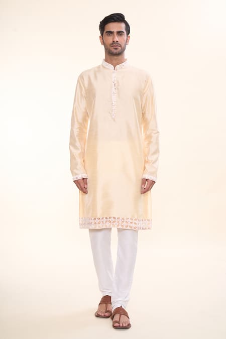 Buy Arihant Rai Sinha Beige Silk Sequins, Embroidery Geometric Floral Border Kurta Online at Aza Fashions Buy_Arihant Rai Sinha_Beige Silk Sequins, Embroidery Geometric Floral Border Kurta _Online_at_Aza_Fashions