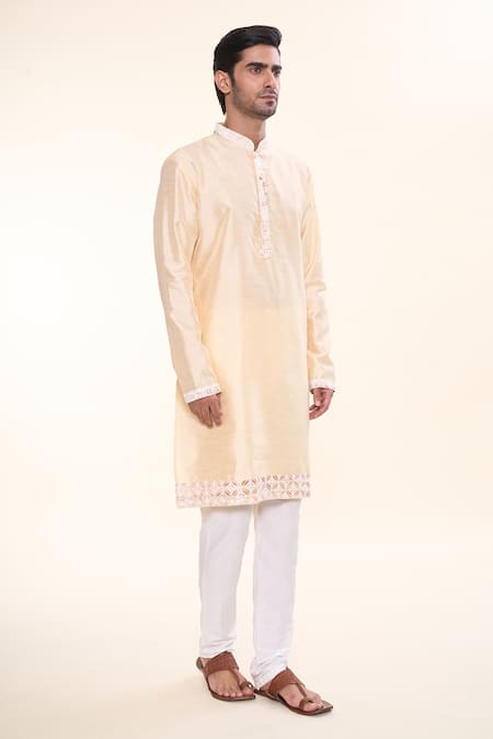 Shop Arihant Rai Sinha Beige Silk Sequins, Embroidery Geometric Floral Border Kurta Online at Aza Fashions Shop_Arihant Rai Sinha_Beige Silk Sequins, Embroidery Geometric Floral Border Kurta _Online_at_Aza_Fashions