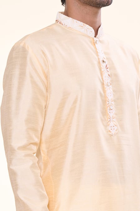 Arihant Rai Sinha Beige Silk Sequins, Embroidery Geometric Floral Border Kurta at Aza Fashions Arihant Rai Sinha_Beige Silk Sequins, Embroidery Geometric Floral Border Kurta _at_Aza_Fashions