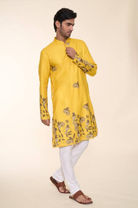 Arihant Rai Sinha_Yellow Cotton Abstract Flying Bird Print Kurta _Online_at_Aza_Fashions