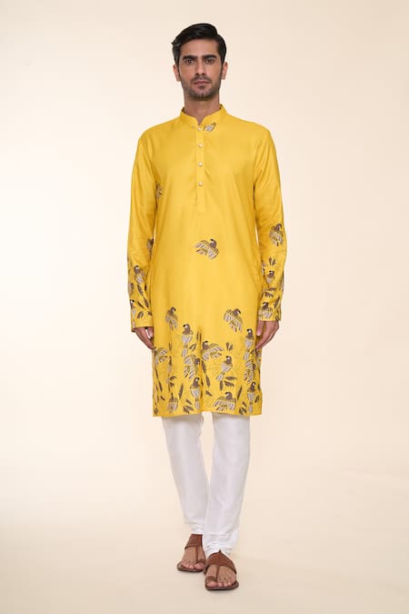 Buy_Arihant Rai Sinha_Yellow Cotton Abstract Flying Bird Print Kurta _Online_at_Aza_Fashions