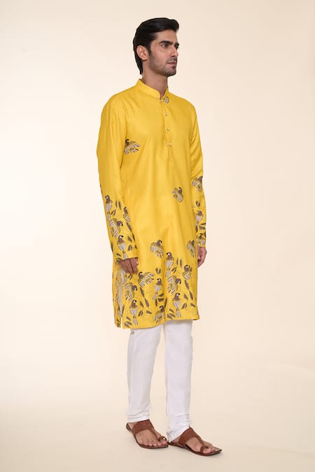 Shop_Arihant Rai Sinha_Yellow Cotton Abstract Flying Bird Print Kurta _Online_at_Aza_Fashions