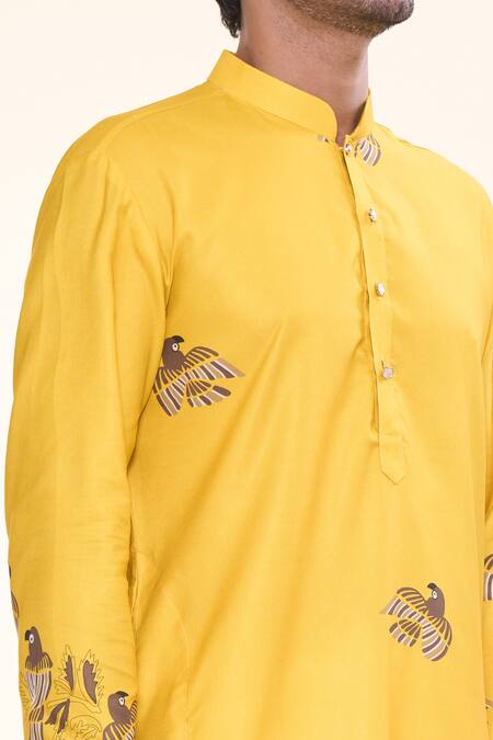 Arihant Rai Sinha_Yellow Cotton Abstract Flying Bird Print Kurta _at_Aza_Fashions